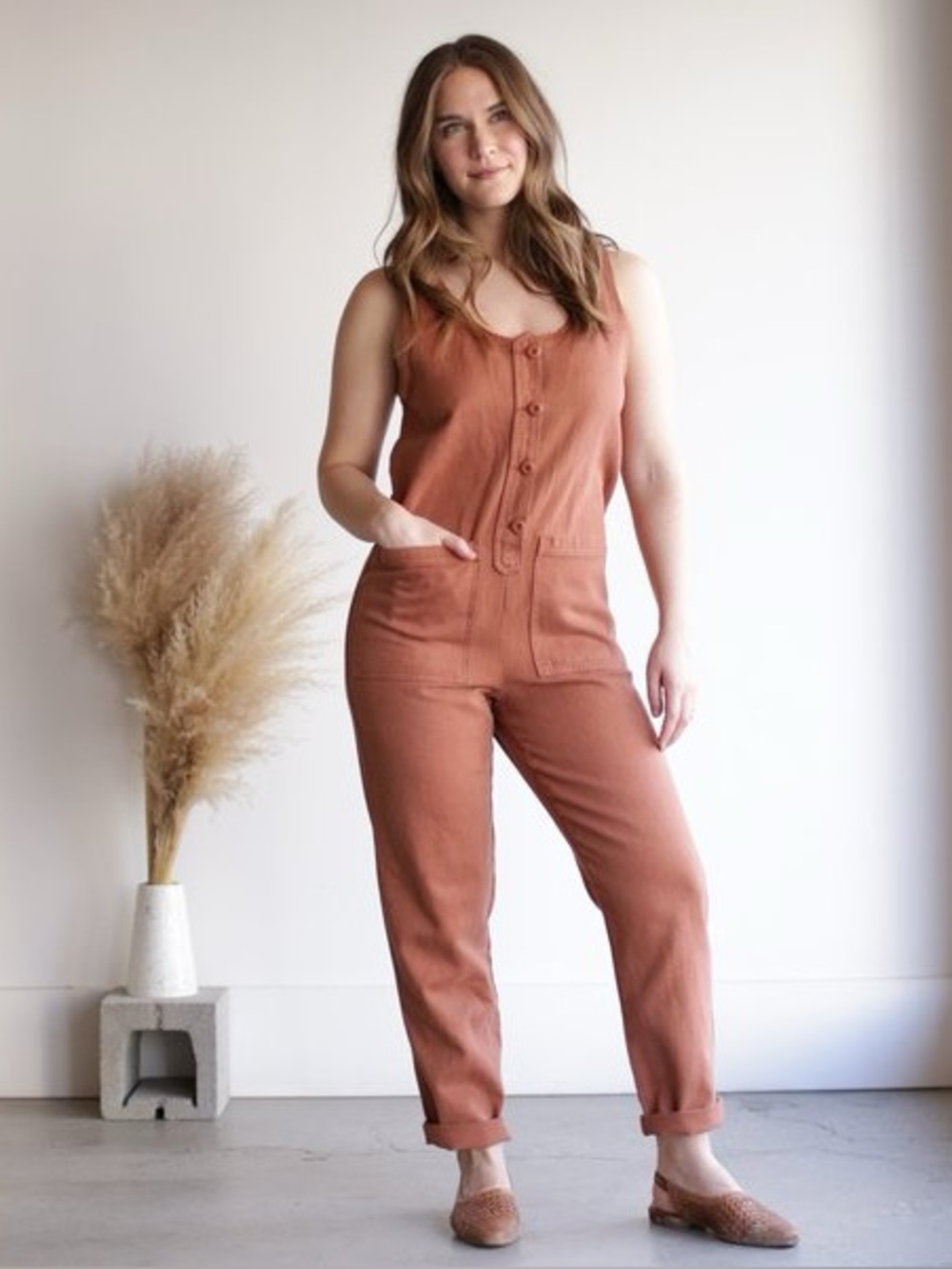 Jungmaven Terracotta Orange Hemp Cotton Button Front Jumper Jumpsuit medium